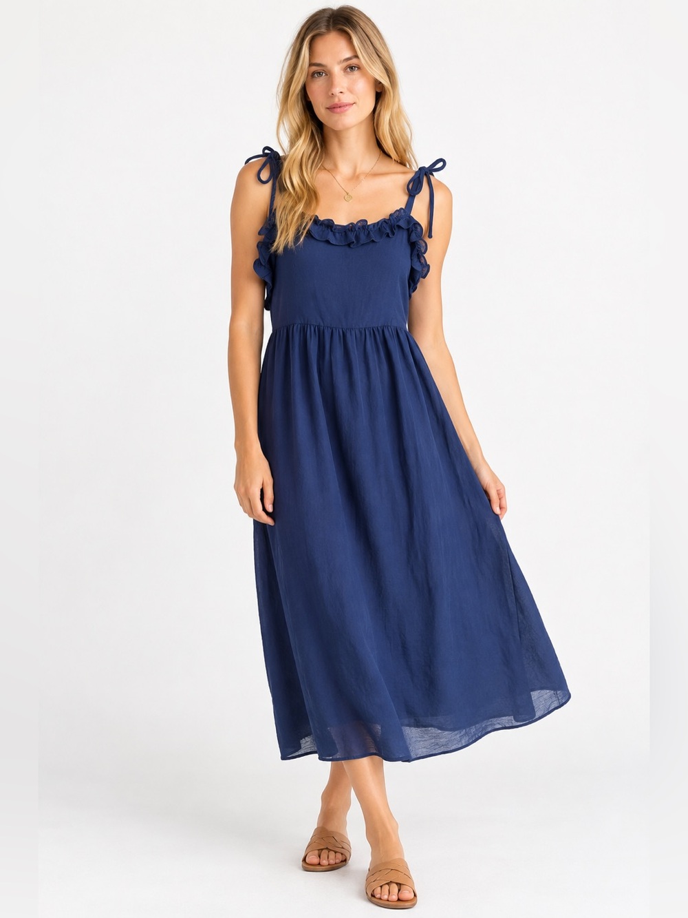 BCBG Paris Navy Tie Shoulder Ruffle Midi Dress Size Medium NWT